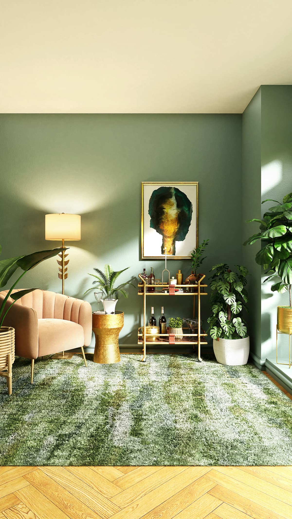 Deep green painted wall with brass lamp and artwork in a Derbyshire drawing room
